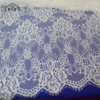 

2017 Super quality soft chantilly french lace tissue material Off white and Black eyelash wedding gowns lace fabric 1 piece