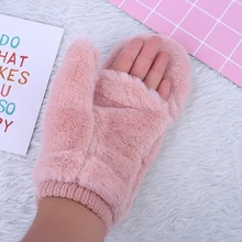 Зимние утолщенные полностью покрытые пальцевые варежки для женщин, плюшевые перчатки, двухслойные варежки с пушистым кроликом, висящие на шее