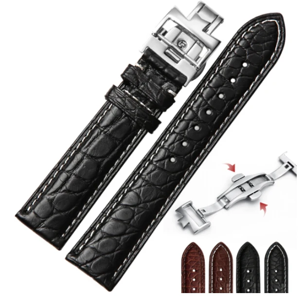 

Shi Hui genuine leather strap crocodile leather watch with male 18 20MM black white line silver buckle interface width 18MM