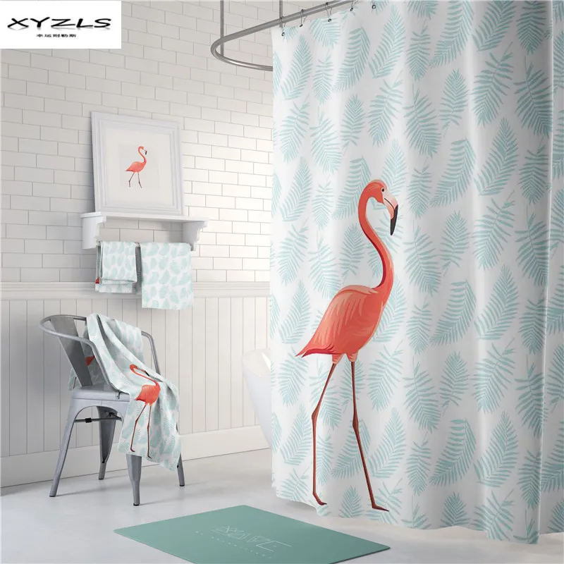 

XYZLS American Style PEVA Bath Curtain Flamingo Printed Waterproof Moldproof Shower Curtain Bathroom Curtains with Hooks