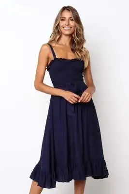 Сексуальное летнее платье без бретелек с бретельками и цветочным принтом из хлопка, женское элегантное платье, вечернее платье миди с открытой спиной Vestidos - Цвет: Тёмно-синий