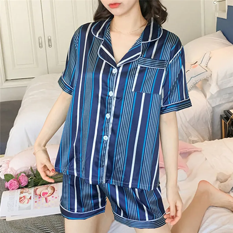 Для женщин 2 шт. летние пижамы короткий рукав шорты для свободная Пижама домашняя одежда-ночная сорочка комплект летние шифоновое платье