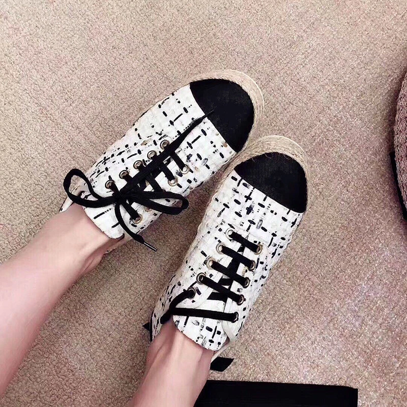 

19SS Mixed Color Woollen Cloth Casual Shoes Round Toe Straw Weaving Thick Bottom Fisherman Shoes Soft Flat Lace Up Woman Shoes
