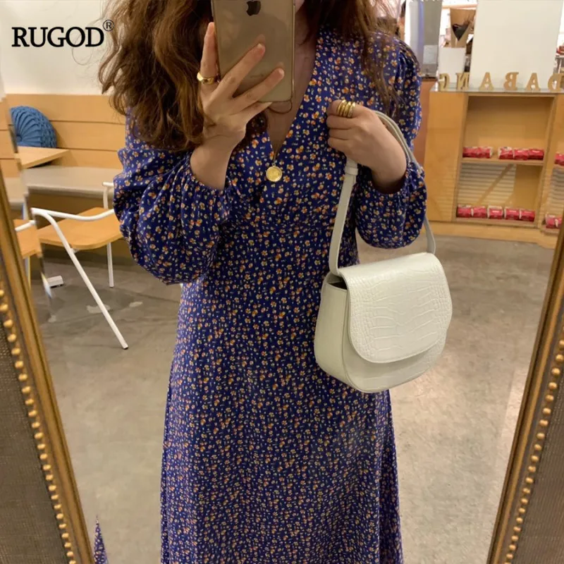 RUGOD/2019 г. Весенне-летнее корейское платье до середины икры с v-образным вырезом и