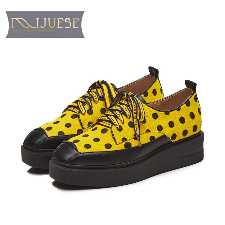 

MLJUESE 2019 women flats horsehair sheepskin lace up Polka dot yellow color platform loafers casual shoes creeper shoes