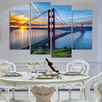 

4 Piece Golden Gate Bridge Sunrise Landscape Canvas Print Oil Painting Home Decor Wall Art Picture for Room Cuadros Decoracion