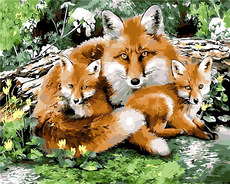 Tier malerei fuchs familie rahmenlose bild auf wand diy ölgemälde by zahlen gemälde für wohnzimmer wand hand malerei