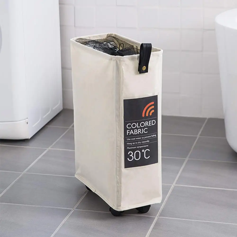 

Narrow Grid Mesh Drawstring Laundry Bag With Wheels Iron Frame Dirty Clothes Storage Basket Household Bathroom Supplies 20E