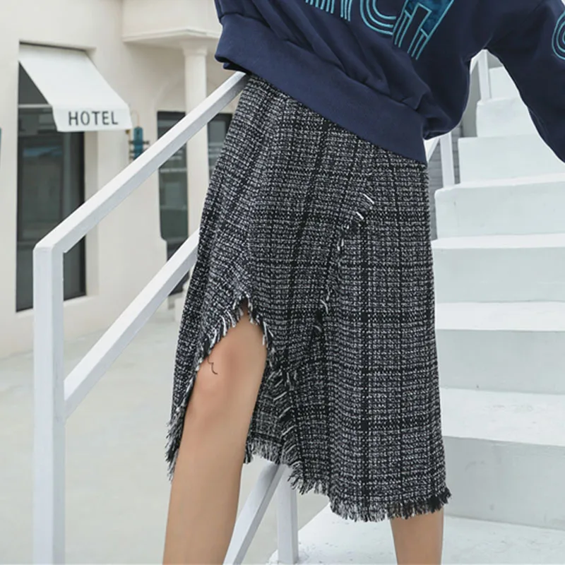 Cheerart твидовая юбка Женская Осенняя юбка с запахом юбка миди с бахромой Длинная женская Асимметричная юбка дизайнерская уличная мода