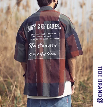 

YASUGUOJI New 2019 Summer Japan Style Loose Letter Print Half Sleeve Mens Shirt Plus Size Fashion Color Blocked Plaid Shirt Men