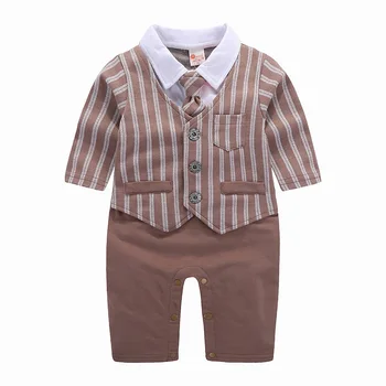 

baby boys clothes handsome boys autumn spring cotton gentleman patchwork striped full sleeve tie rompers 0-18M