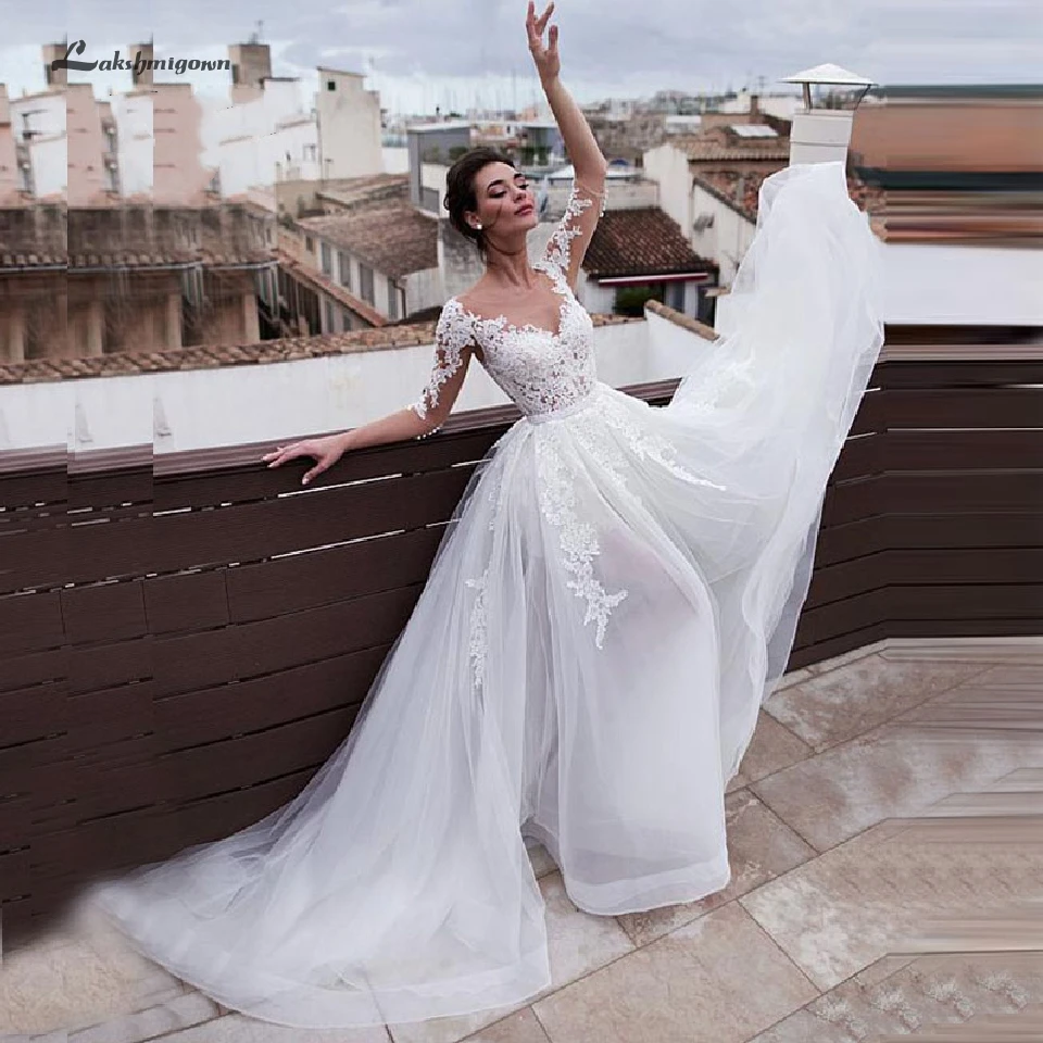 

Lakshmigown Elegant Two Piece Wedding Dress 2019 Vestido de Noiva 2 em 1 Lace Tulle Bridal Gown Half Sleeve Robe Mariee Dresses