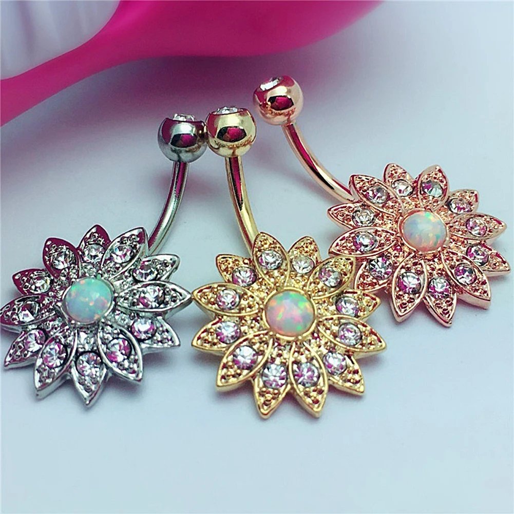 

14G Bikini Jewelry Sun Flower Rhinestone Belly Button Bar Barbell Ring Piercing