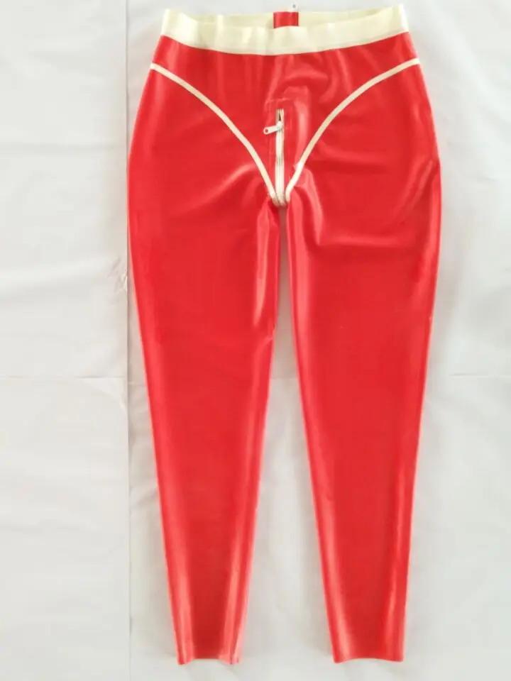 Pure Latex Pants White Waist And Red With Zipper Trousers Size Xxs-xxl ...