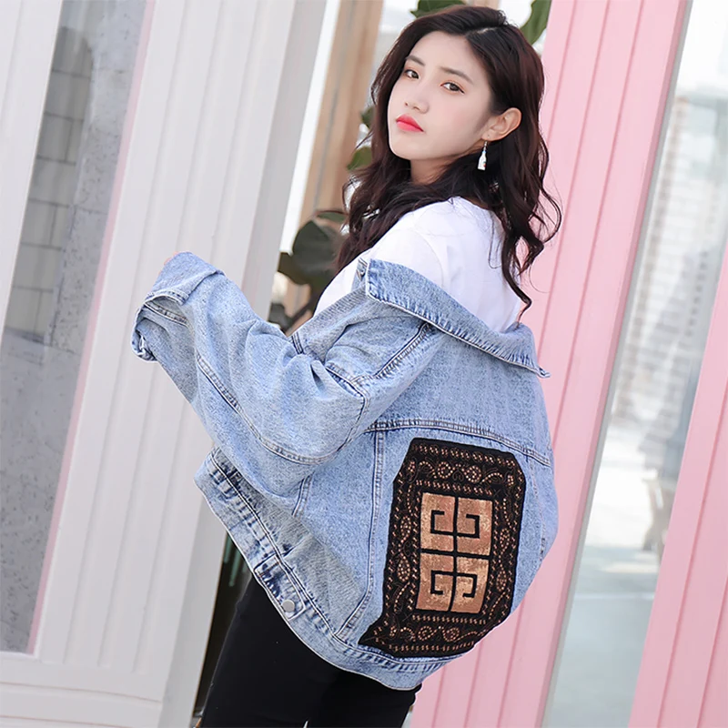 

Fashion Patch Embroidery Sequin Jean Jacket Womens Spring Short Basic Coats 2019 New Arrival Loose Long Sleeve Denim Jacket