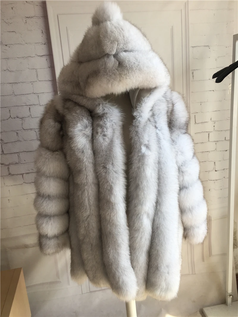 

Hot sell Warm Real Fox Fur Coat with hood for women Natural Blue Fox Fur Overcoat hooded