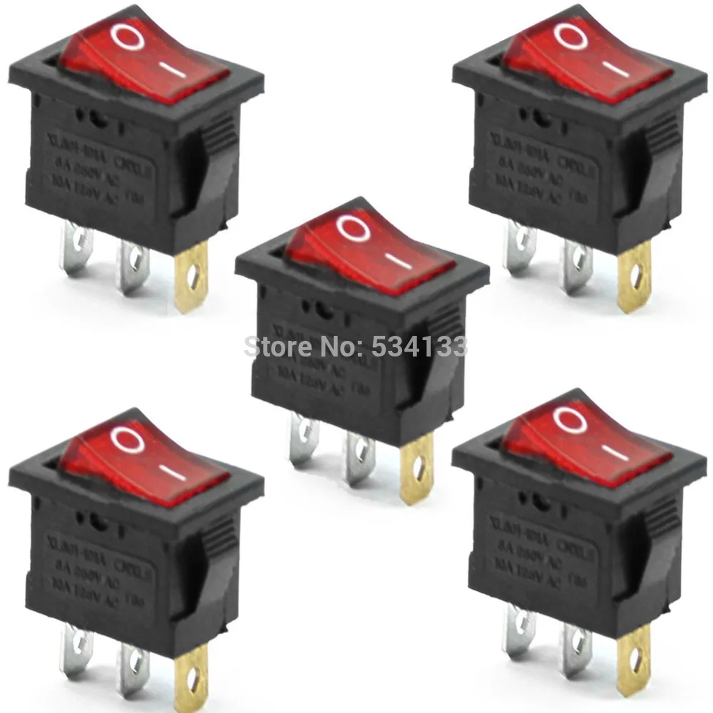10Pcs Red Neon Light Lamp On Off DPST Rocker Switch 3 Pin 10A/250V 20A