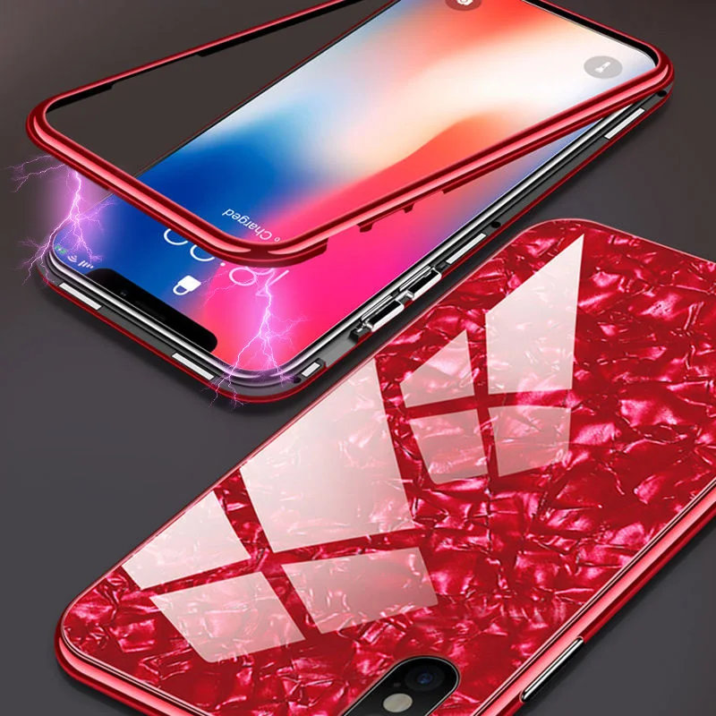 

Magnetic Metal Shell Pattern Phone Case For iPhone X XS XR XS Max 6 6S Plus 7 8 Plus Magnet Bumper Clear Glass Back Cover