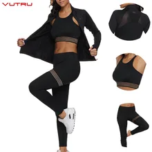 Vutru 3 шт. спортивные костюмы с длинным рукавом для женщин, комплект для йоги, сетчатая Спортивная одежда для фитнеса, тренажерного зала, укороченный топ, бюстгальтер+ Бесшовные Леггинсы+ пальто