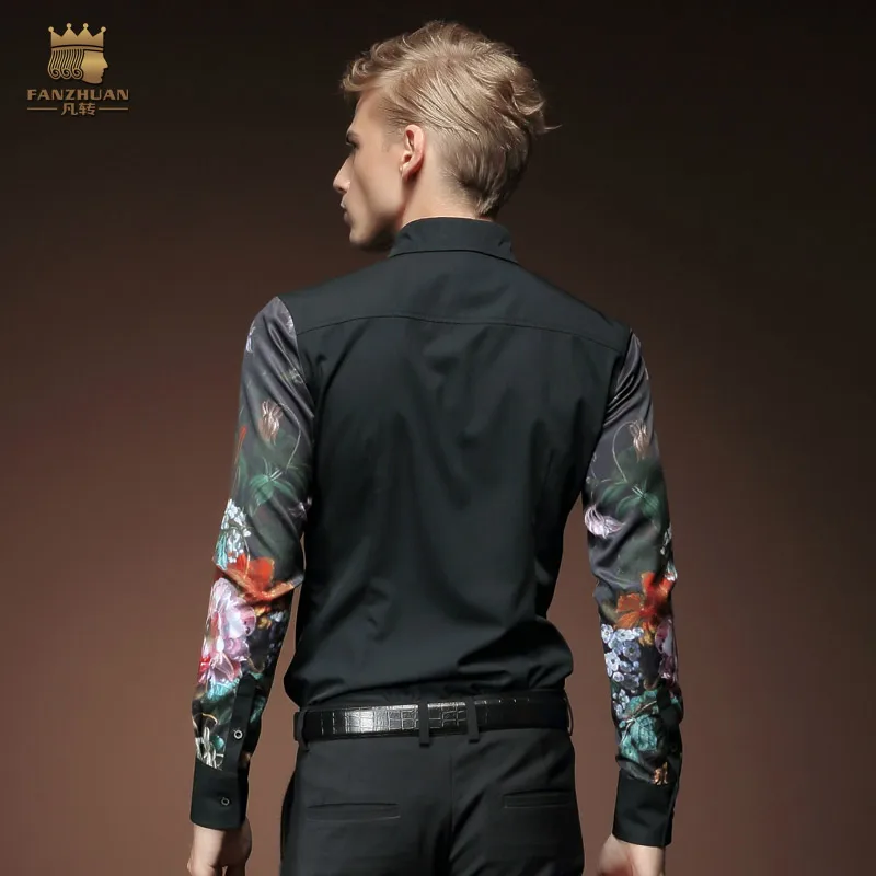 Fashion Casual Men Korean Long Sleeved Shirt Black Embroidery Flower 2033 FanZhuan