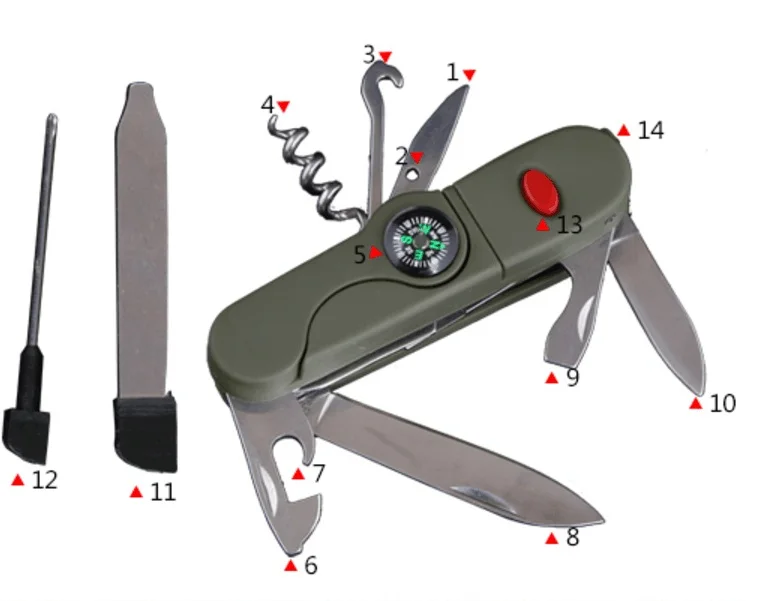 Многофункциональный Открытый складной Военный нож светодиодный фонарик аварийное освещение компас поле инструмент выживания 14 функций