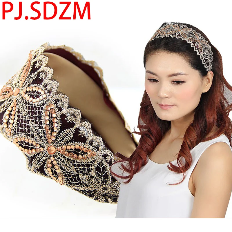 Cena Koreańska nowa koronkowa opaska Rhinestone dla kobiet akcesoria do włosów kwiat europa modne kwiatowe opaski do włosów luksusowe nakrycia głowy księżniczka