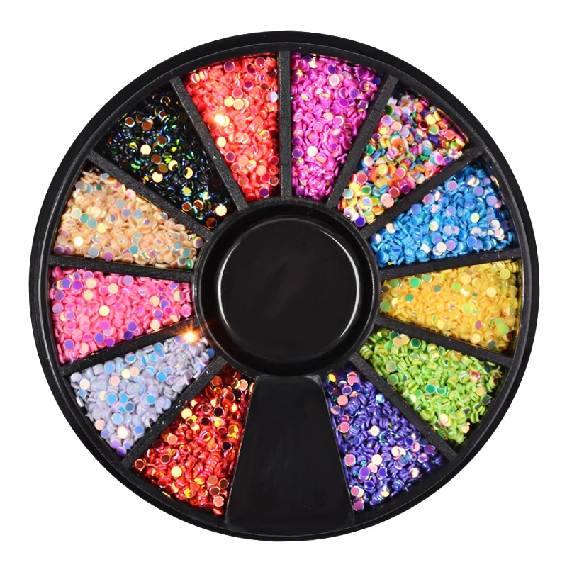 

ELECOOL 12 Cells/Box Mixed Color Round Nail Glitters Sequins Nail Art Stickers Decals Tips Nail Art Decoration Wheel
