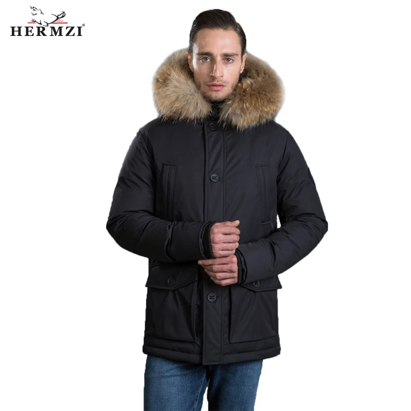 

HERMZI 2019 Men Winter Jacket Parka Homme Thicken Padded Coat Winter Hooded Jacket Raccoon Fur Long Coat Men Parka European Size