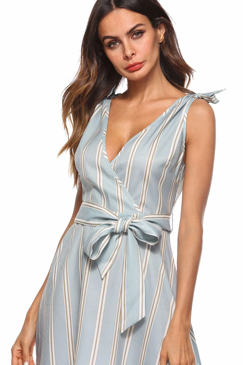 HGTE 3 Tapes Striped Backless Dress New Elegant Deep V Neck Large Swing