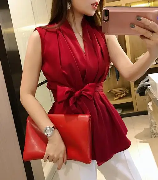 

2019 Fashion Summer Women Sleeveless Satin Shirts Sexy Lady Lace Up Waist Satin Tops Women Office Sleeveless Satin Silk Tops