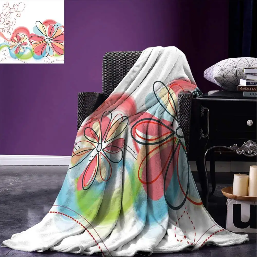 Colorful Throw Blanket Cute Floral Haze Pattern with Heart Figures Love