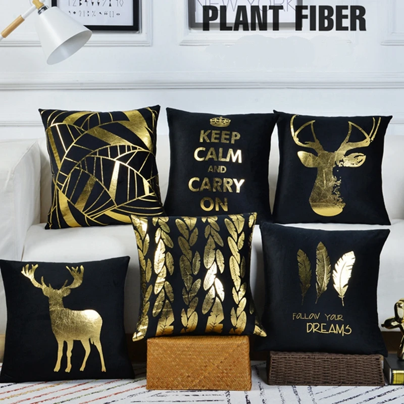 

Gold Black Decoration Pillow Cover European Style Bronzing Leaves Deer Christmas Cushion Cover Home Textile Sofa Throw Pillows
