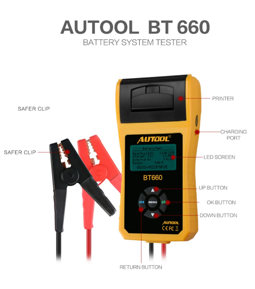 AUTOOL BT660 12V 24V Car Battery Tester Auto Cranking Charging Tester CCA Vehicle Starting System Diagnostic Tool with Printer