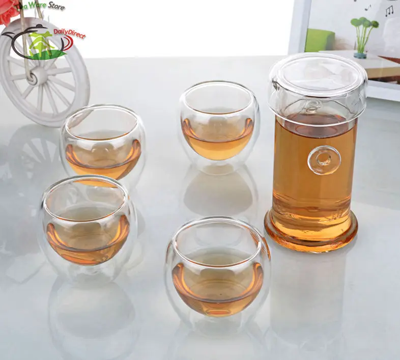 

1x Heat Resistant Glass Tea Set - 200ml Heat Resistant Glass Double Eared Teapot +4x Double Wall Tea Cups 90ml