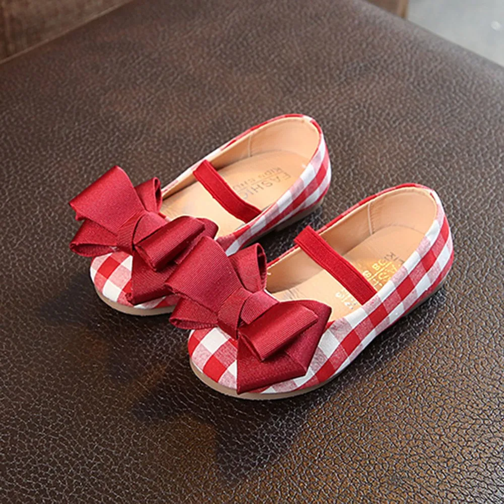 

MUQGEW Children Kid Girls Plaid Print Princess Bowknot Single Student Casual Shoes Girl's lattice printing butterfly knot #TX4