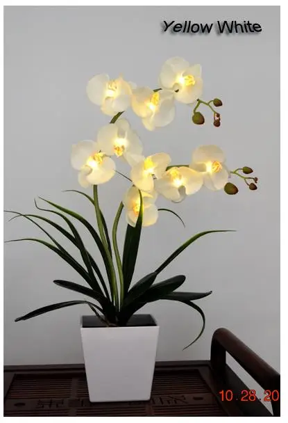 9 светодиодный светильник на батарейках, Орхидея Фаленопсис в горшке, цветок орхидеи, бонсай, украшение для праздника, свадьбы, дома, подарок на день рождения - Цвет: Yellow White