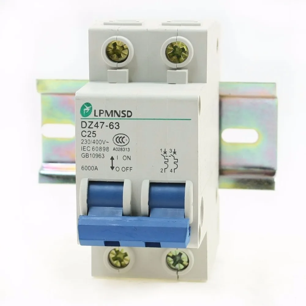 

230/400V 25A DZ47-63/2P Dual Phase 6000A Overload Circuit Breaker w Lead Rail