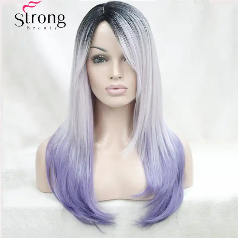Long Straight Ombre Wig Purple Silver With Dark Roots Skin Top Wig