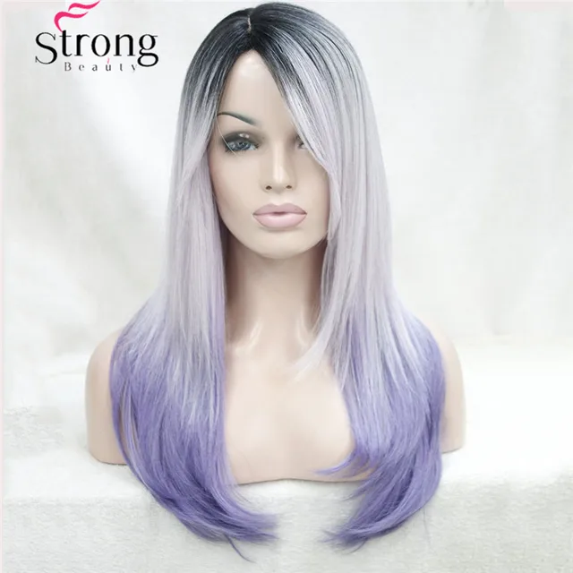 Long Straight Ombre wig purple silver with dark roots SKIN TOP WIG Side