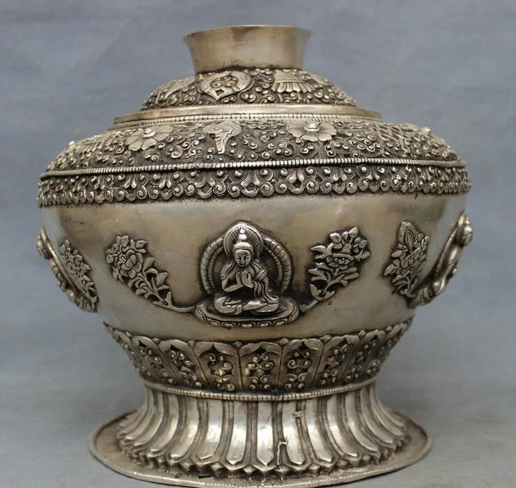 

11" Chinese Silver 8 Auspicious Symbol Lotus Shakyamuni Buddha Statue Jar Pot