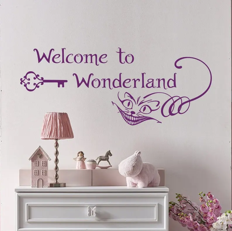 

Personality slogan welcome to wonderland cartoon animation Alice vinyl wall applique boy girl bedroom decoration mural ER59