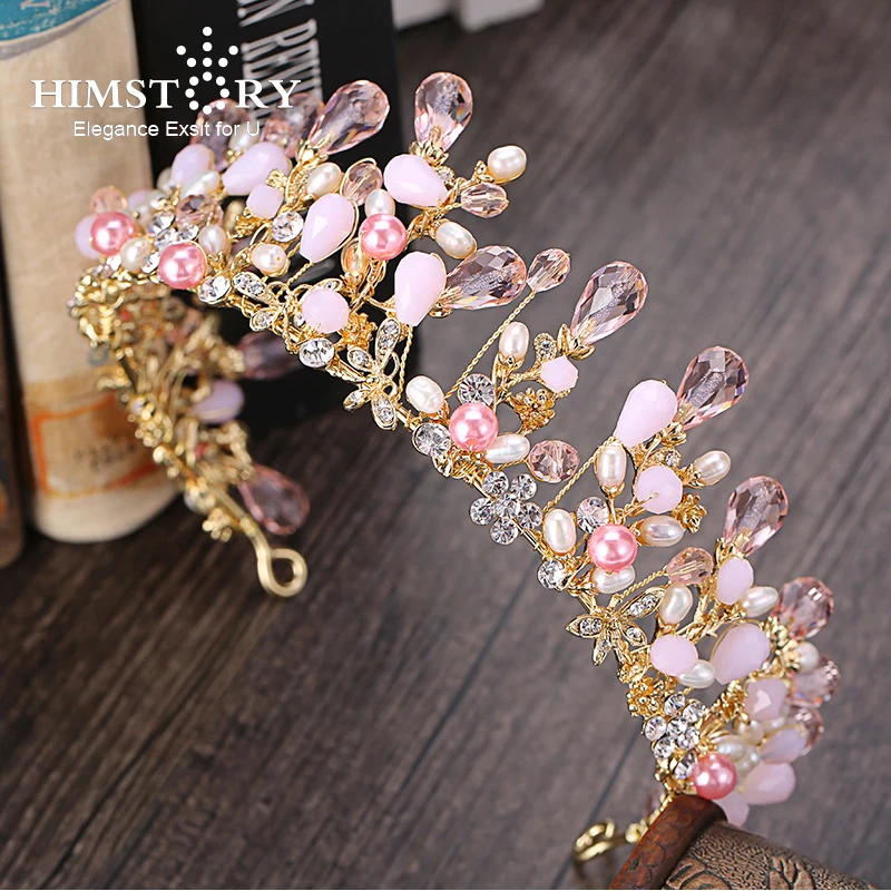 HIMSTORY Handmade Pretty Pink Crystal Bridal Crowns font b Tiaras b font Girls Pearl Beads Wedding