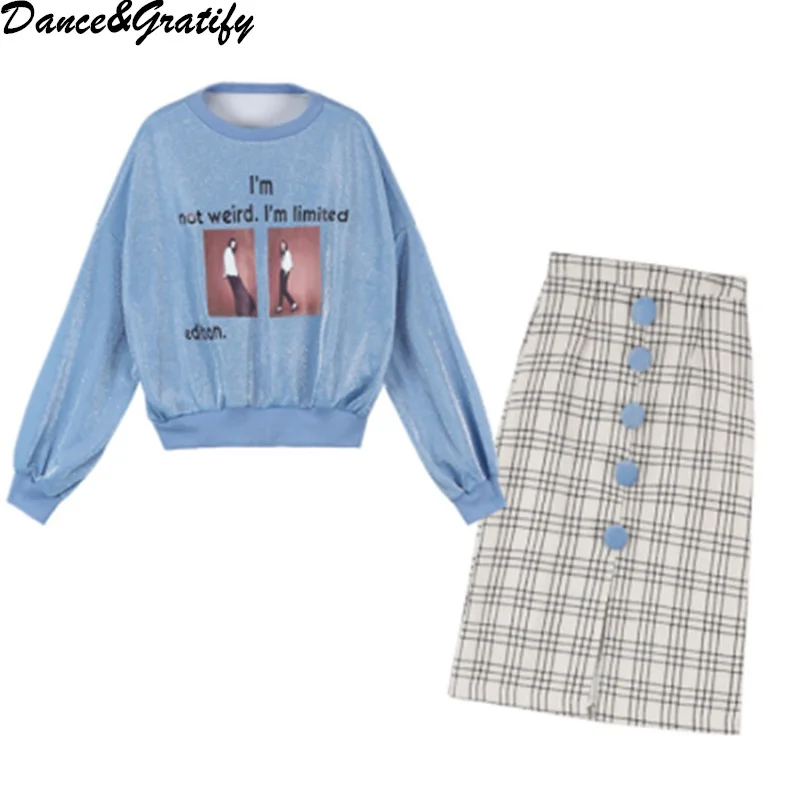 

Women Two Piece Sets 2019 Spring New Long Sleeves Letter Print Pattern Lurex Sweatshirt+ Long Mid-calf Tweed Skirt Suit