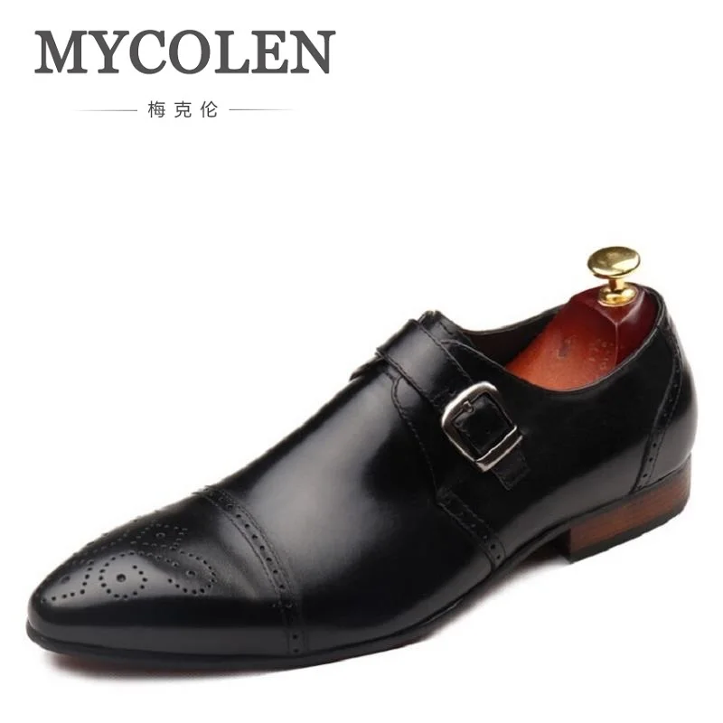 

MYCOLEN Winter New Genuine Leather Single Buckle Mens Shoes Formal Brogue Man Office Party Wedding Slip On Dress Shoes Red Wine