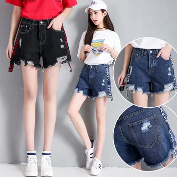 

Letter Print Ribbons High Waist Shorts Women 2018 Summer Fashion Slim Baggy Short black High Waisted Denim Shorts with Ripped