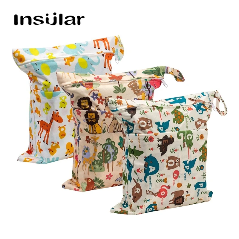

INSULAR 3 Pack Cartoon Wet/Dry Cloth Diaper Bags Set with 2 Pockets Reusable Double Waterproof 36*28 cm for Cosmetic/toiletries