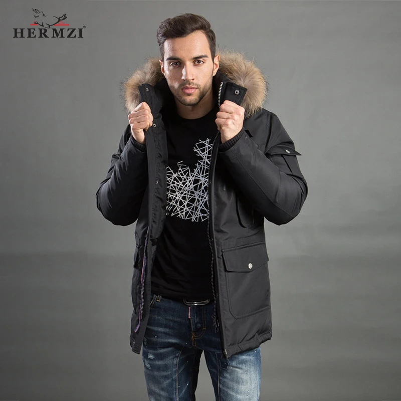 

HERMZI 2019 Men Winter Coat Parka Man Jacket Winter Warm Parka Homme Coat Men Thicken Overcoat Raccoon Fur Collar Plus Size 4XL