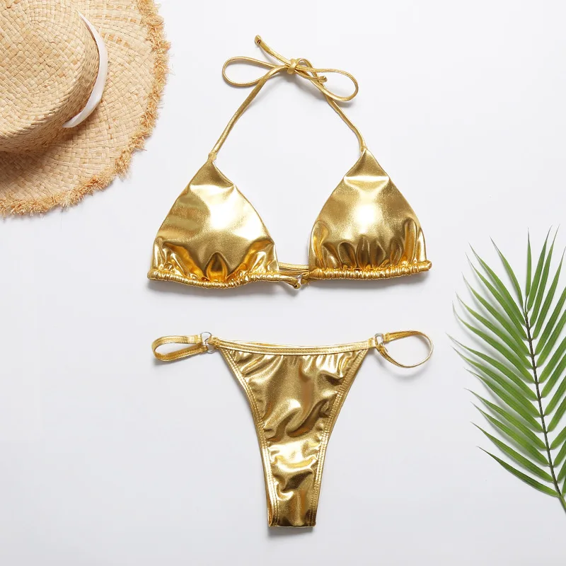 Летний сексуальный женский золотой микро треугольный комплект бикини, женские яркие бронзовые купальники на шнуровке, пляжные купальники, стринги бикини - Цвет: yellow