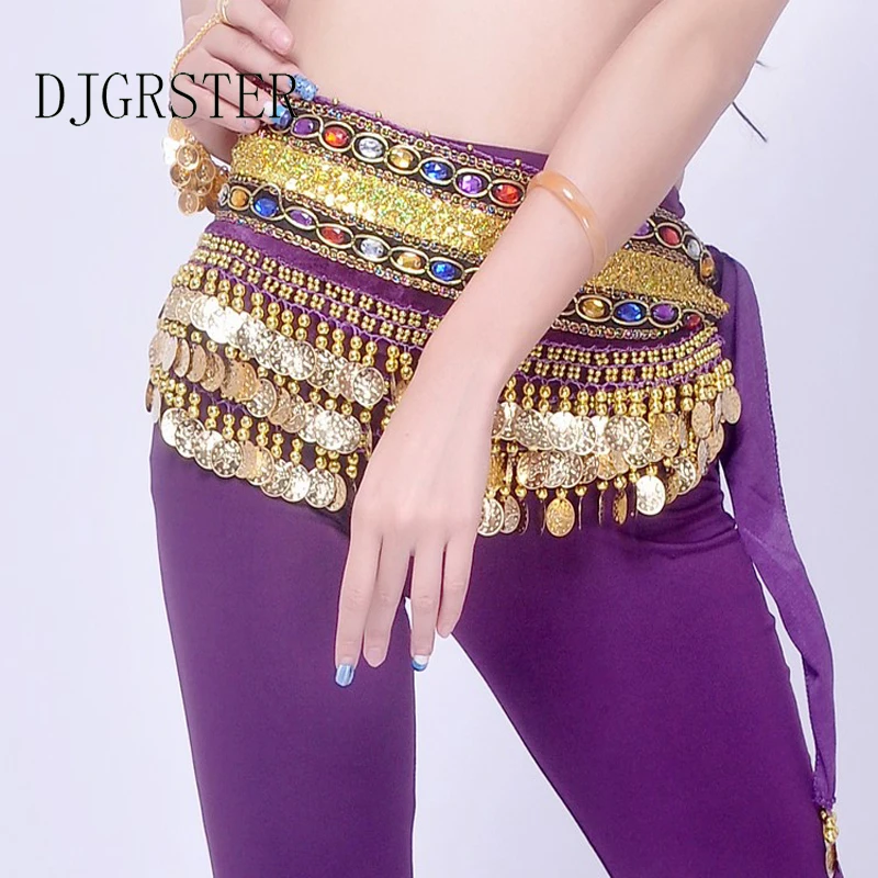 DJGRSTER, новинка, модный шифоновый шарф для танца живота, индийский танец, хип-хоп шарф, 3 ряда, пояс, юбка, шарф, накидка, костюм, 338 золотая цепочка для монет