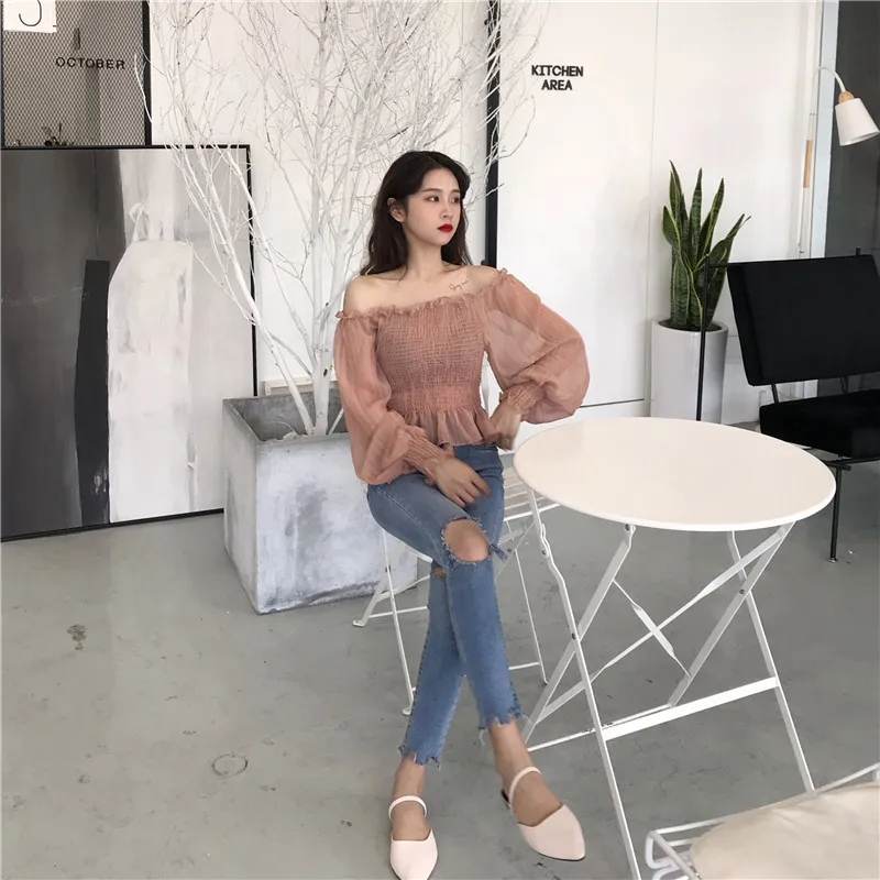 Shirts Women Slash Neck Lace Full Short Simple Elegant Ladies Korean Style Shirt Womens Slim Soft Chiffon Lantern Sleeve Shirt